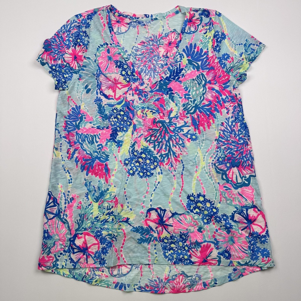 Lilly Pulitzer Shirt Dress Womens Medium Blue Pink Floral V Neck Tunic Casual